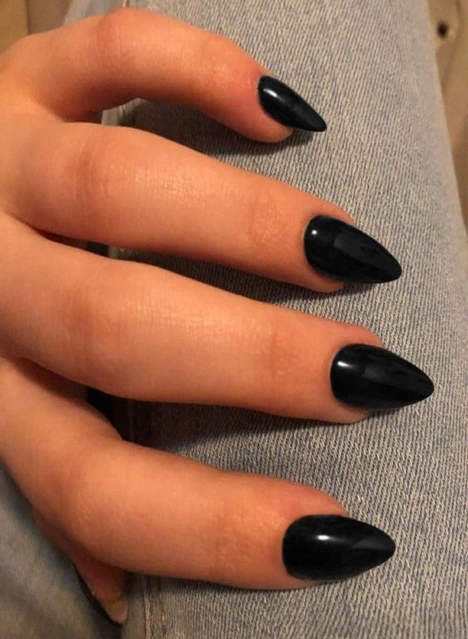 Black Press on Nails Almond Shaped Thick Fake Nails for Women, Glossy Medium Almond Nails Press on Solid Color Acrylic Stiletto False Nail